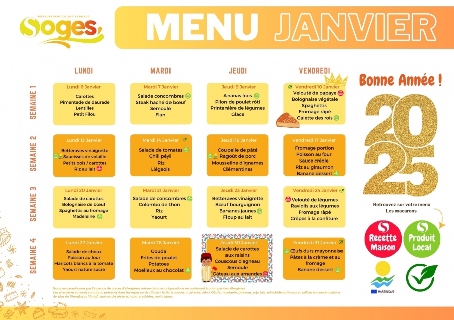 MENU MATERNELLES ET ELEMENTAIRES DU MOIS DE JANVIER 2025