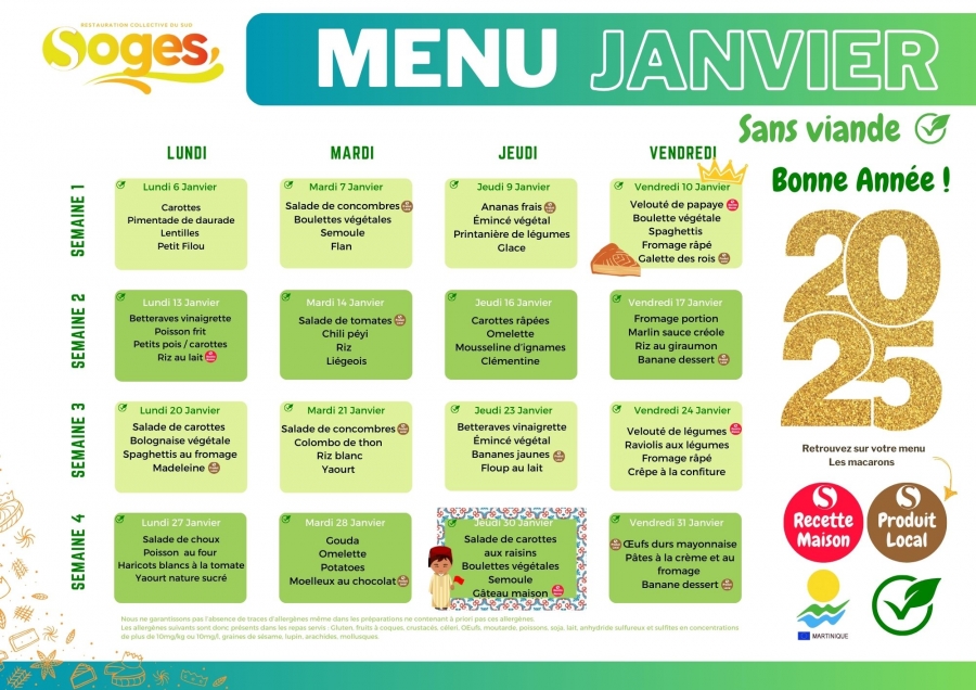 MENU SANS VIANDE MATERNELLES ET ELEMENTAIRES DU MOIS DE JANVIER 2025