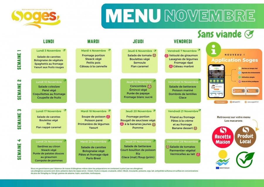 MENU SANS VIANDE MATERNELLES ET ELEMENTAIRES DU MOIS DE NOVEMBRE 2025