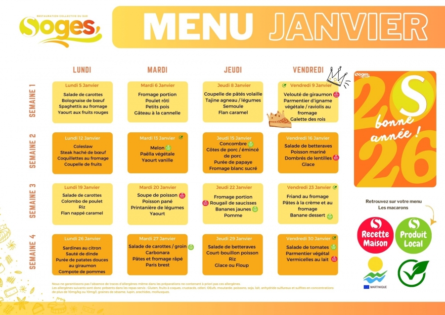 MENU MATERNELLES ET ELEMENTAIRES DES MOIS DE JANVIER 2026